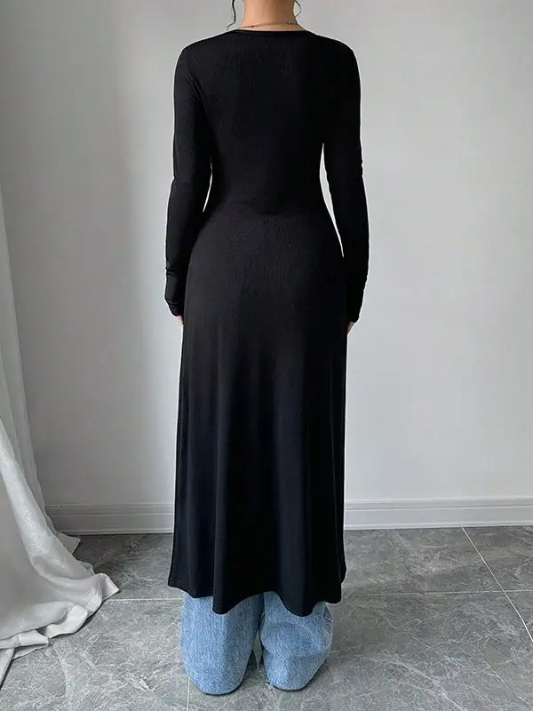Long Sleeve Slim Fit Button Detail Front Slit V-Neck T-Shirt