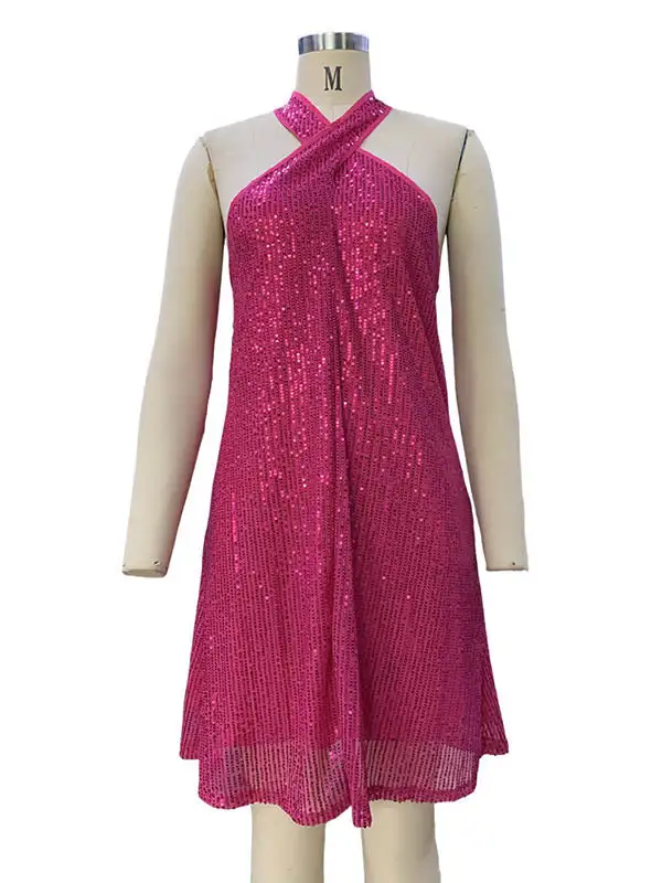 A Line Relaxed Hollow Sequined Solid Color Halter Neck Mini Dress