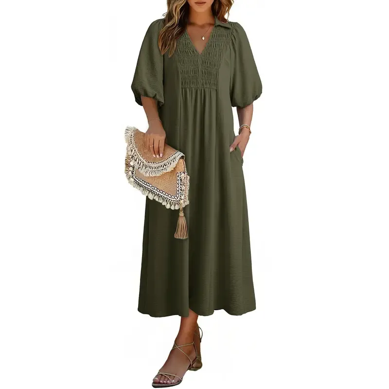 Casual V-neck puff-sleeve high-waist A-line long summer dress
