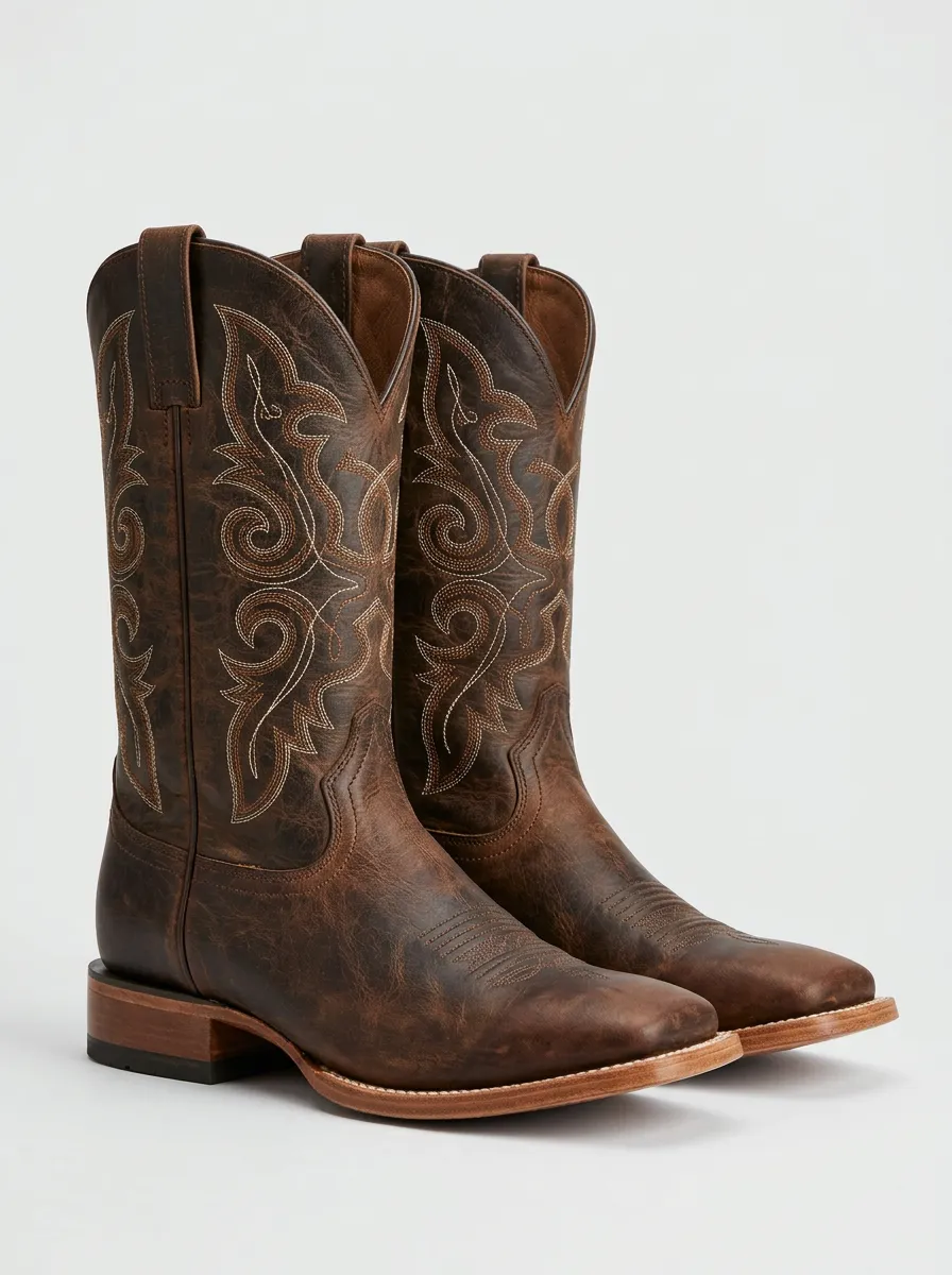 Men's Western Tonal-Embroidery Tonal-Stitch Square-Toe Mid-Calf Pull-Tab Cowboy Boots
