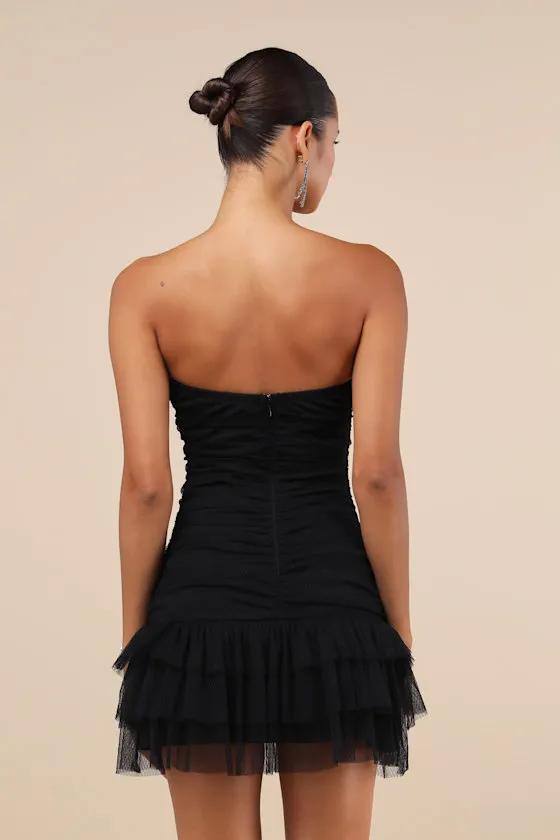 Picture-Perfect Persona Black Mesh Bow Ruched Mini Dress