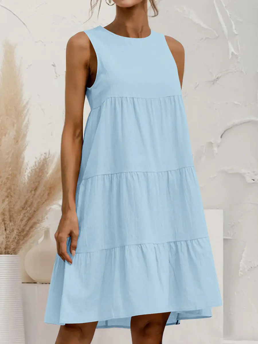 A Line Relaxed Pleated Solid Color Tiered Round Neck Mini Dress