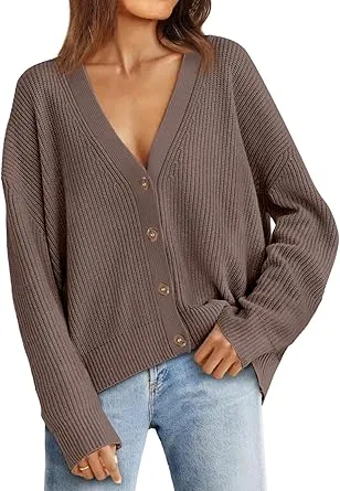 Women's Slouchy Solid Color V-Neck Button-Up Long Sleeve Cardigan & Stretch Loose Trousers Co-ord, Minimalist Two Piece Outfits, Cozy Womenswear