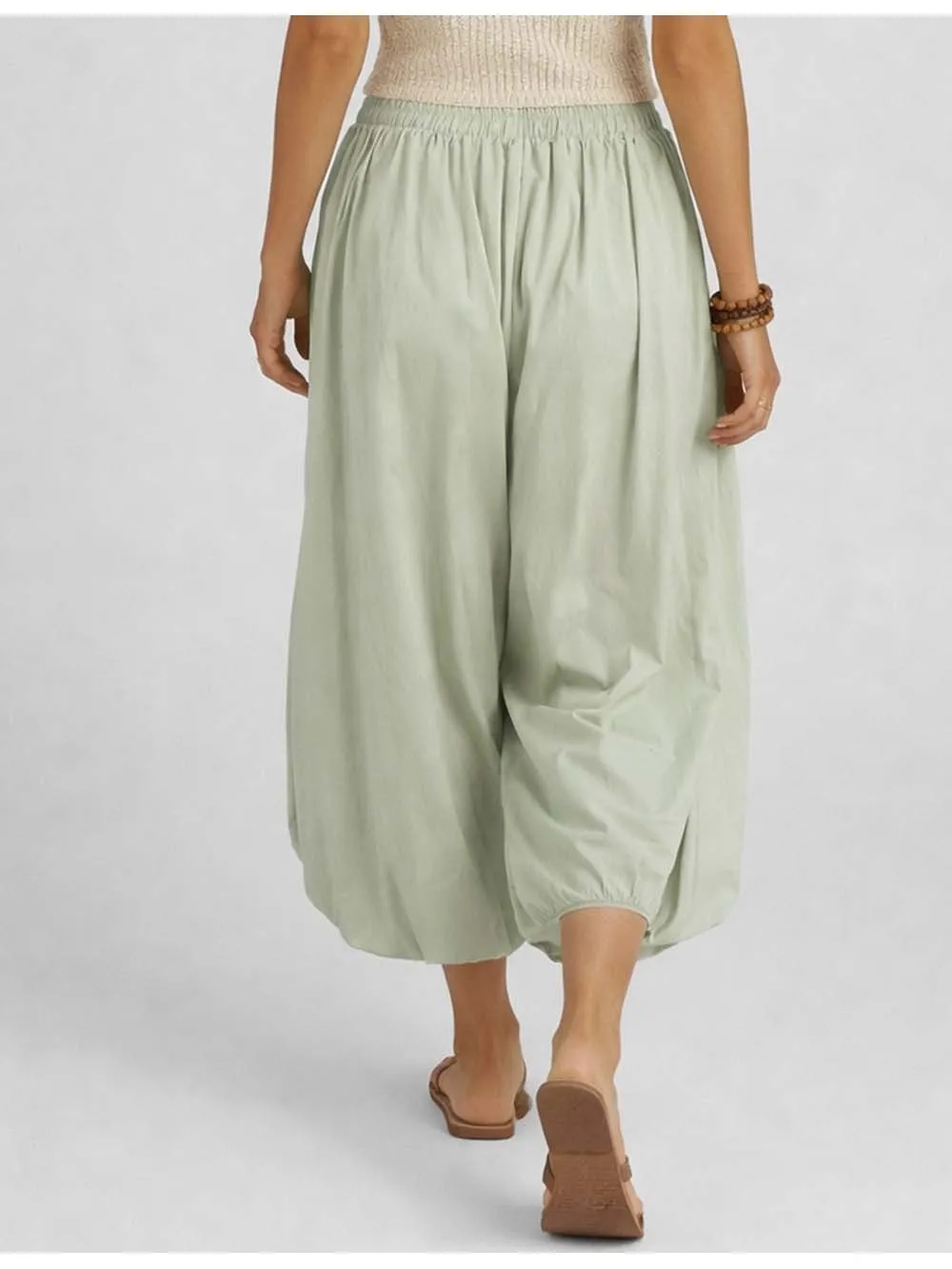 Solid Color Elastic Waist Drawstring Lantern Pants