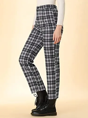 Women's Plaid Cropped Trousers Button Casual Tartan Check Work Pants