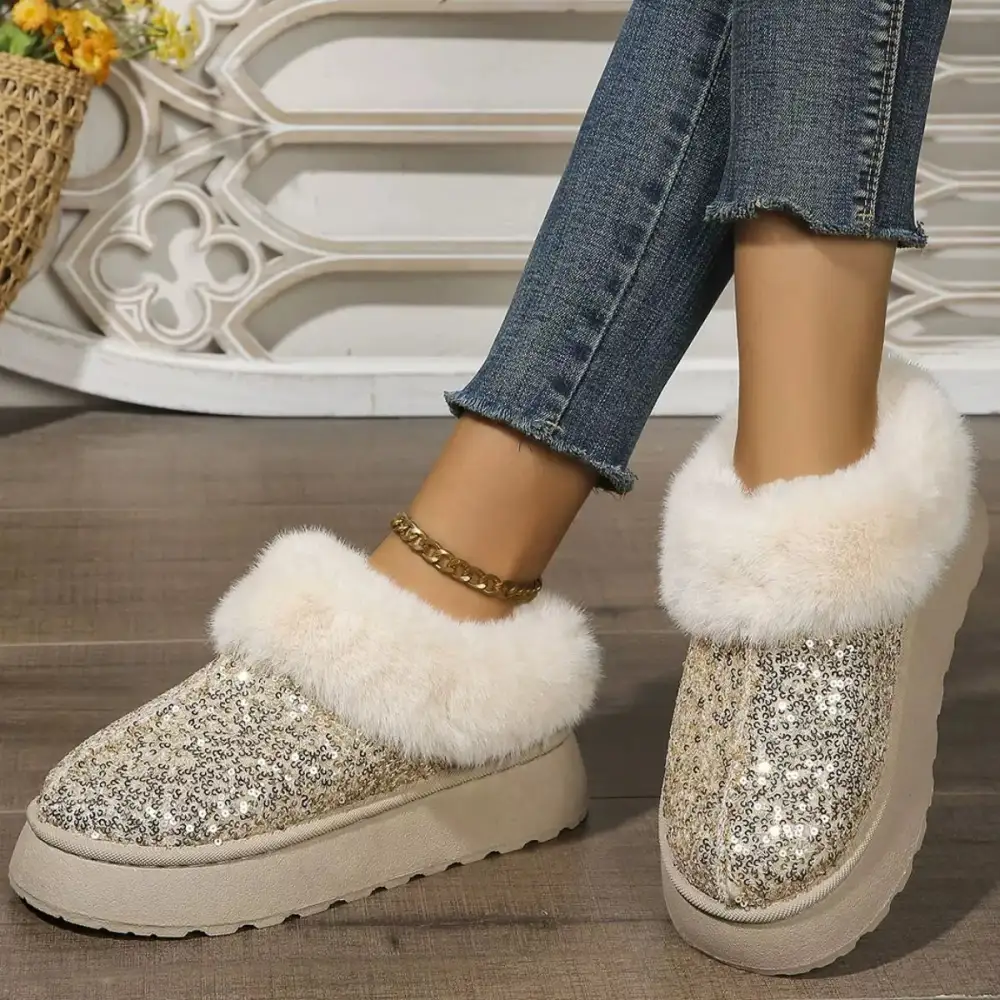 Refined Sequin Round Toe Platform Boots