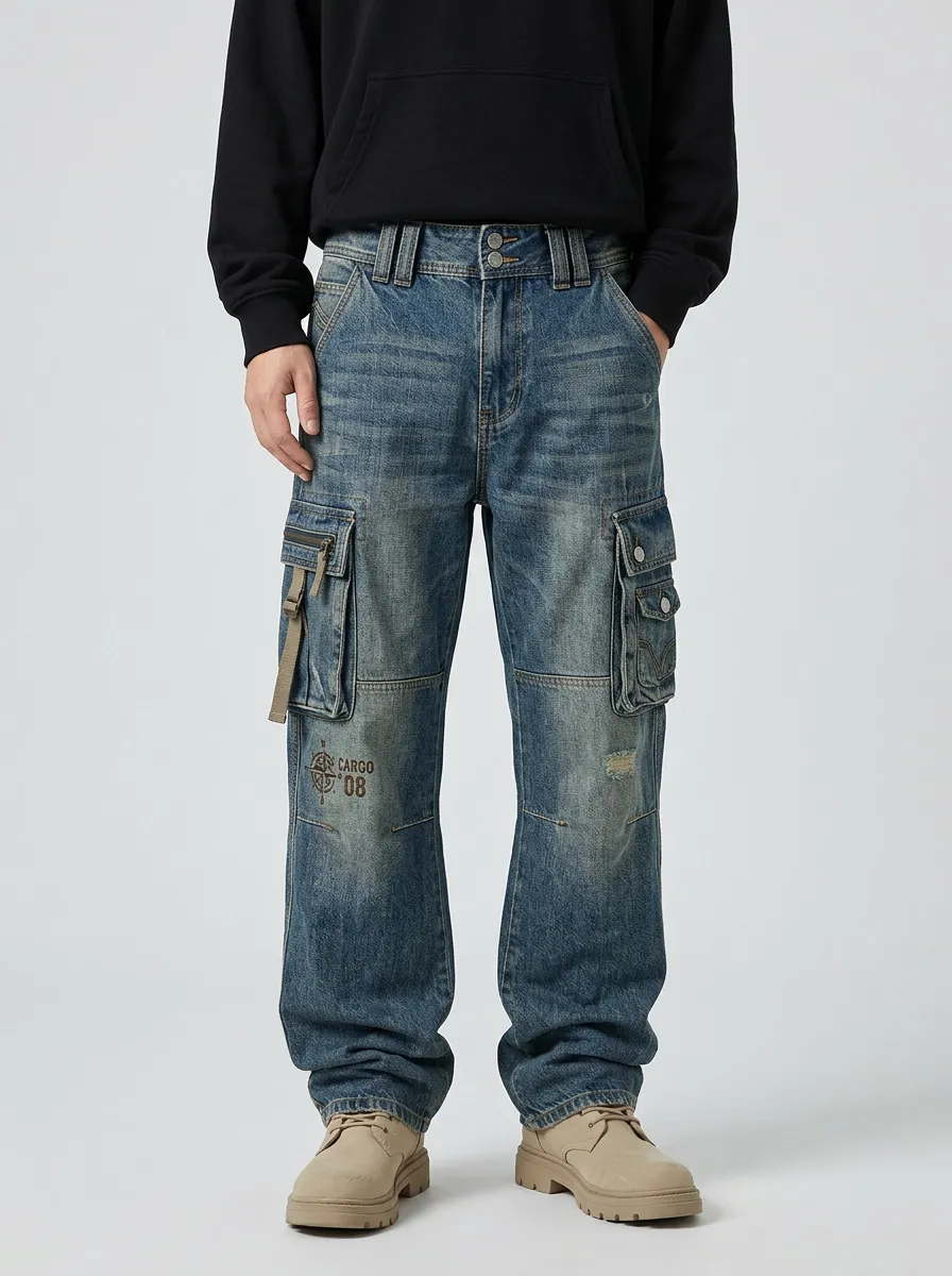 Men's Mid-Blue Compass Detail Straight-Leg Denim Cargo Pants
