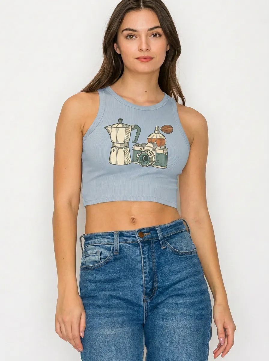 Women's Coffee Camera Perfume Aesthetic Printed Crop Top