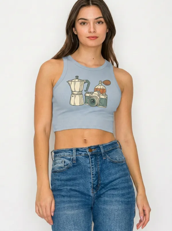 Women's Coffee Camera Perfume Aesthetic Printed Crop Top