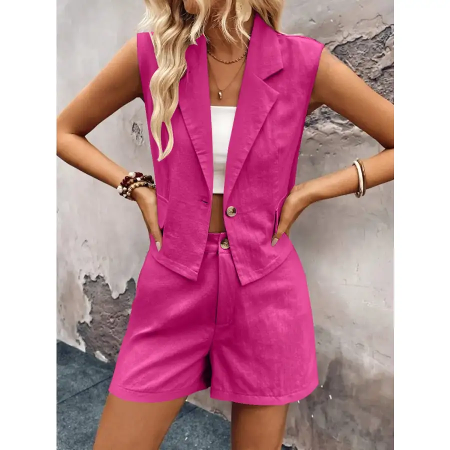 One Button Sleeveless Top and Shorts Set