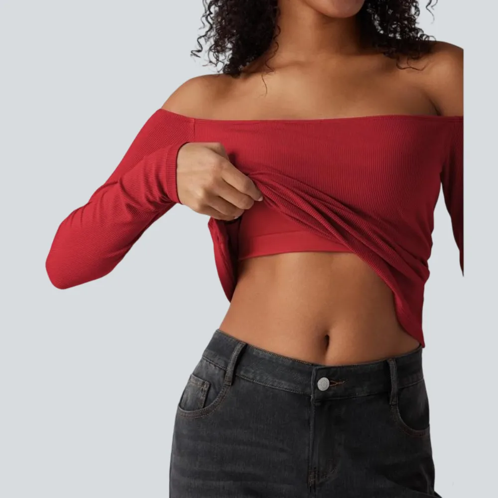 Ribbed Knit Off Shoulder Long Sleeve 2-in-1 Casual Top