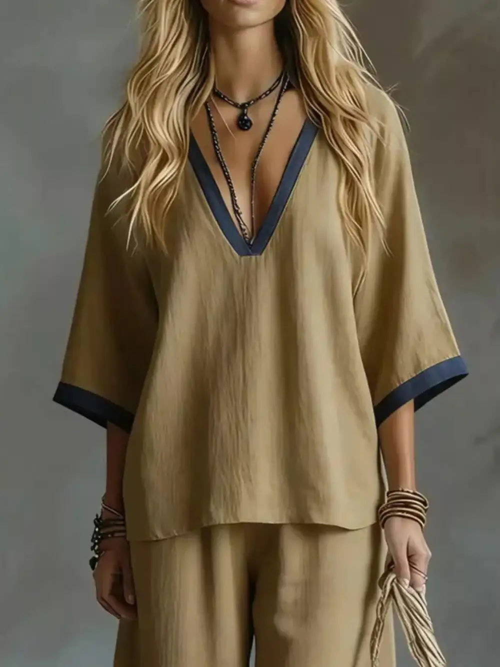 Contrast Trim V Neck Top and Pants Set