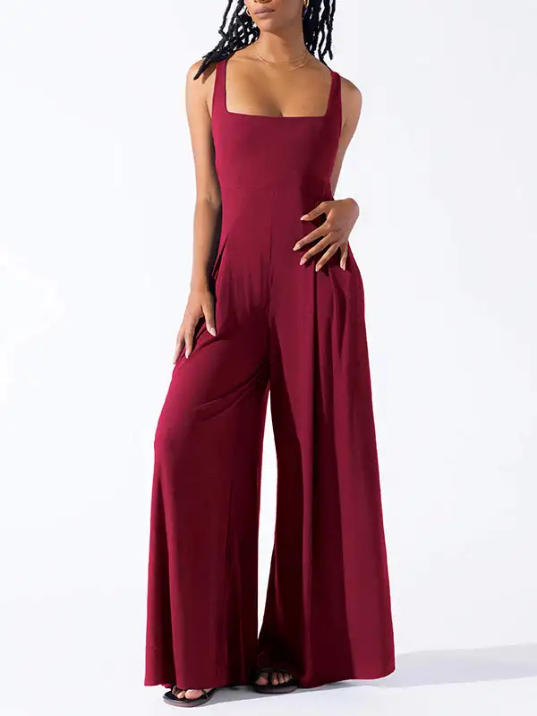 Losse Mouwloze Geplooide Effen Jumpsuits Met Spaghetti Hals