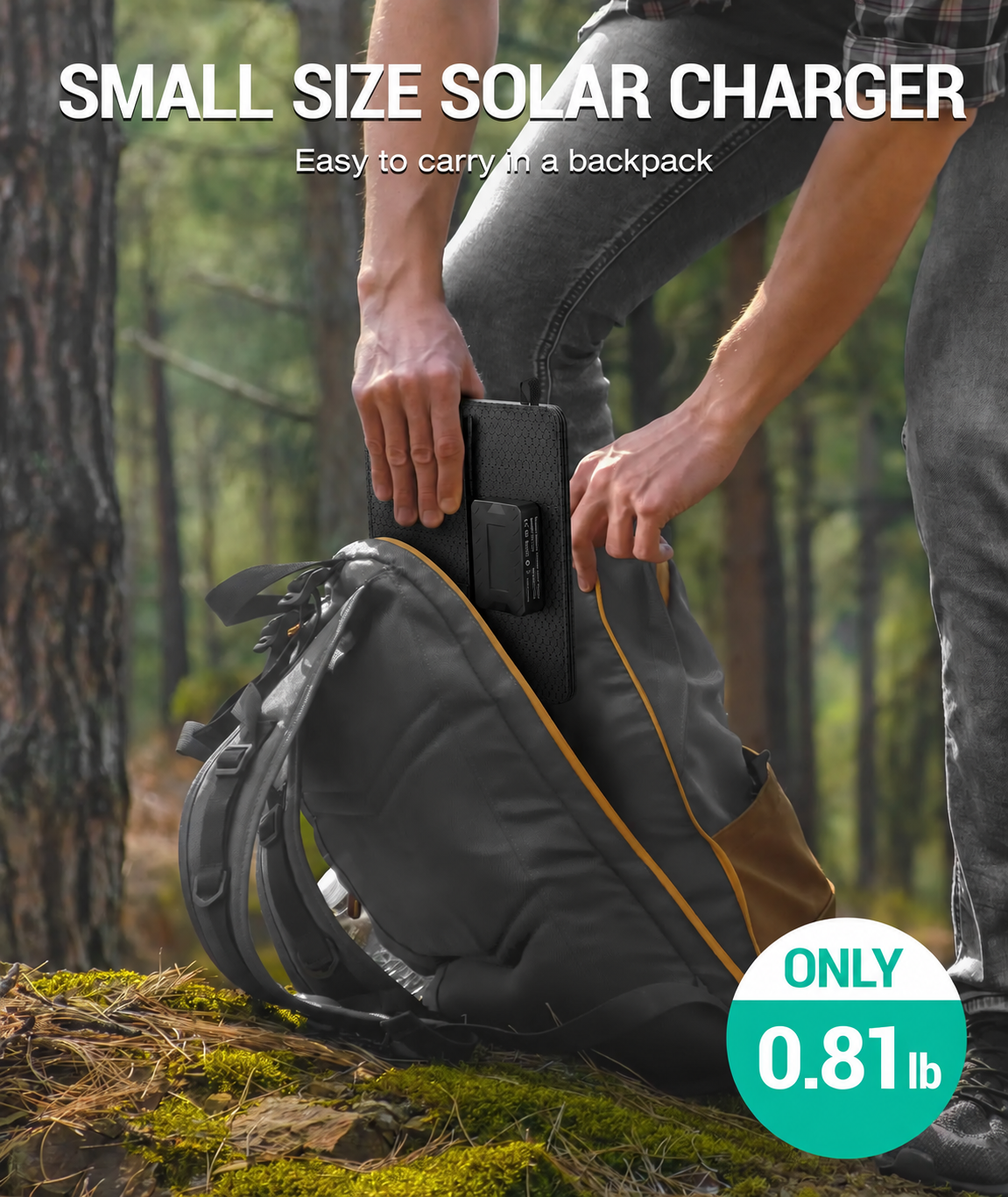 Folded black solar panel being packed into a backpack
