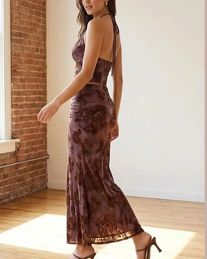 Floral Halter Tie Crop Top and Ruched Midi Skirt Two-Piece Set
