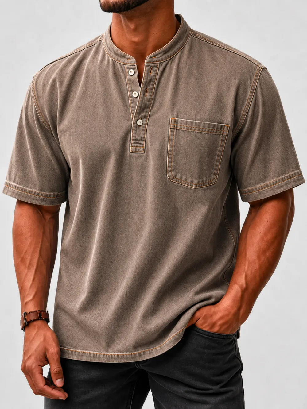 Men's Washed Stand Collar Henley Shirt