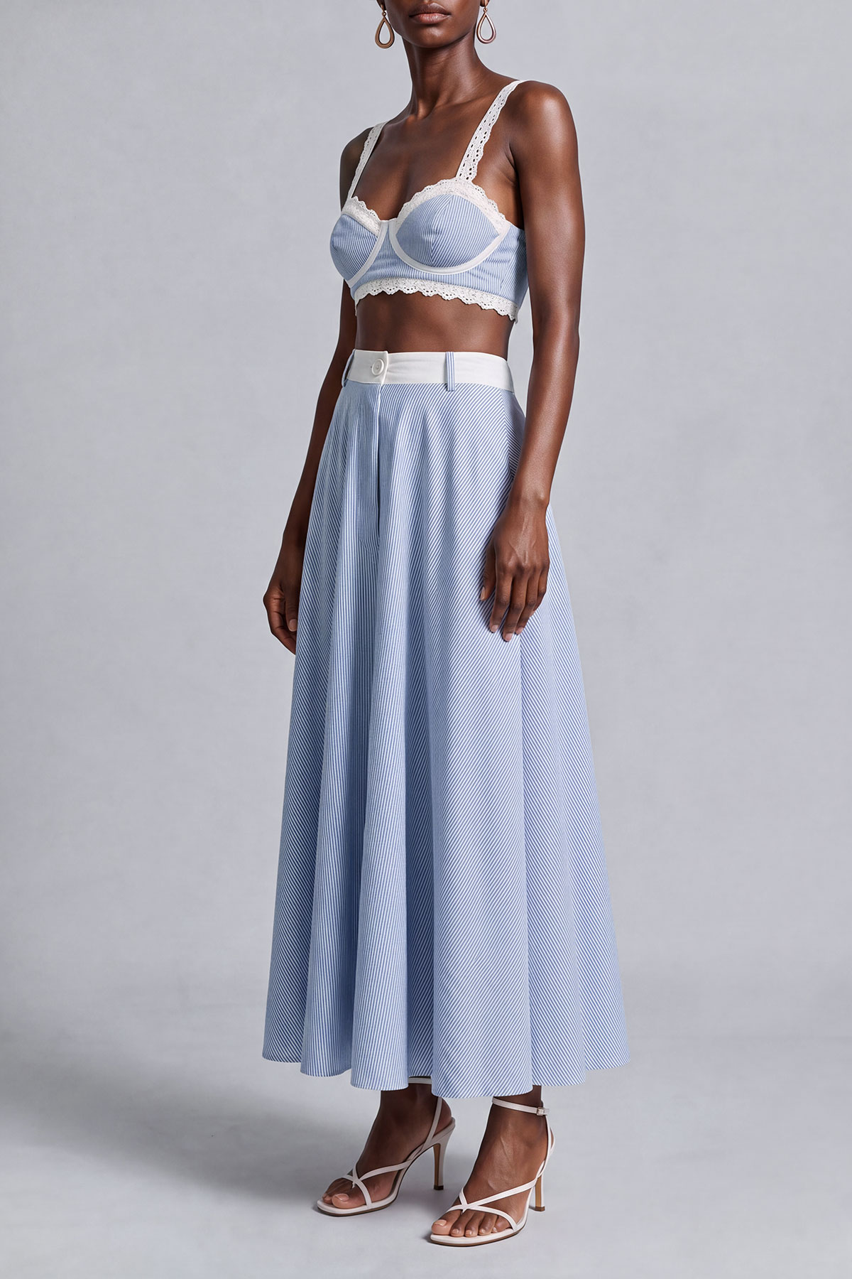 Spaghetti Strap Lace Trim Lace Striped Matching Skirt Set