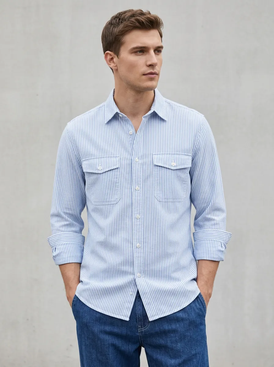 Men's Casual Style Blue White Striped Double Pocket Button Down Shirt