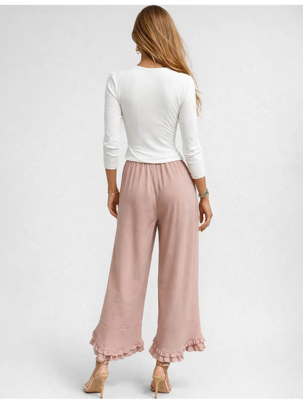 Elastic Waist Drawstring Ruffle Hem Wide Leg Pants