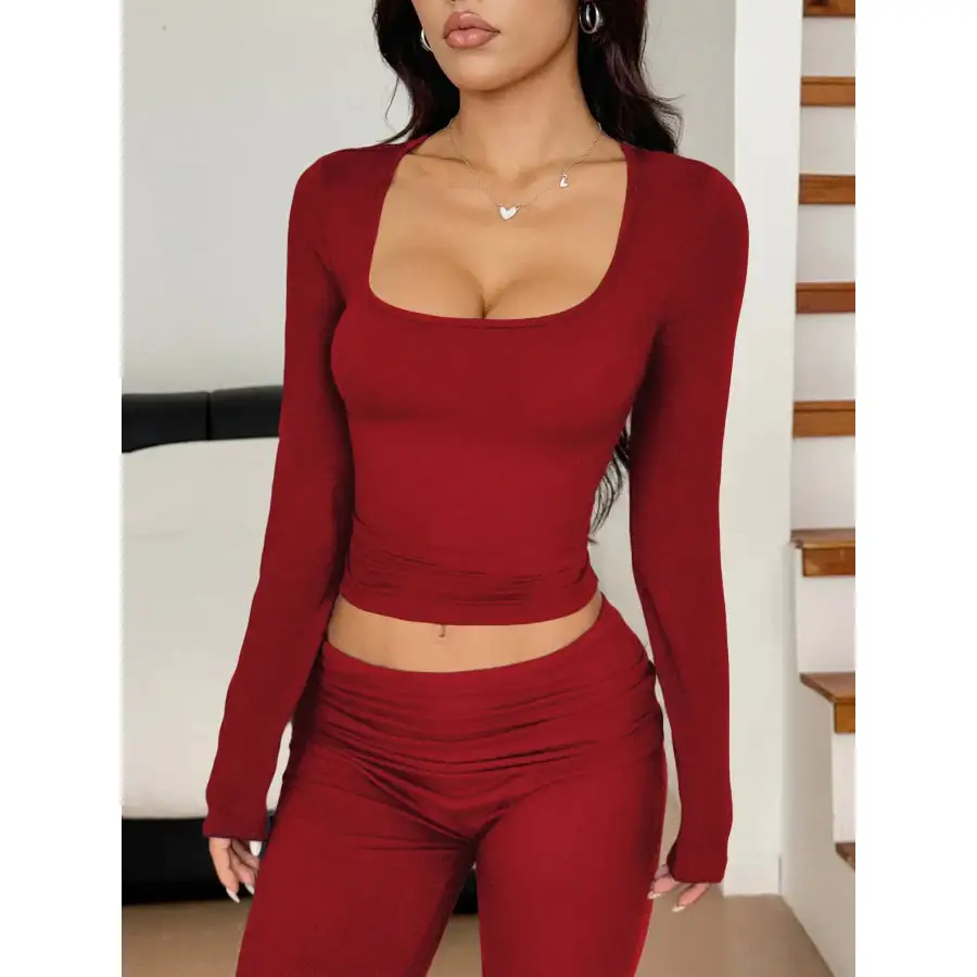 Long Sleeve Crop Top and Bootcut Pants Set