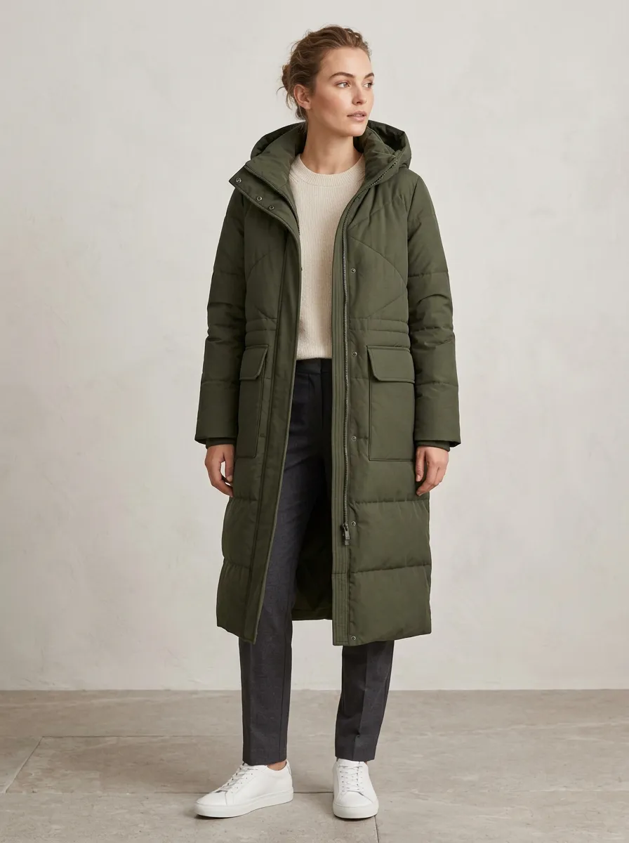 Core-Layer Quilted Long Hooded Coat