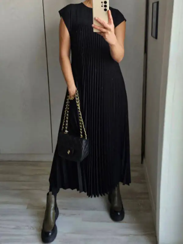 High Color Pleated Neck Maxi Dress