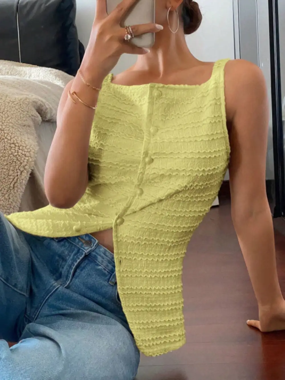 Textured Button Front Tank