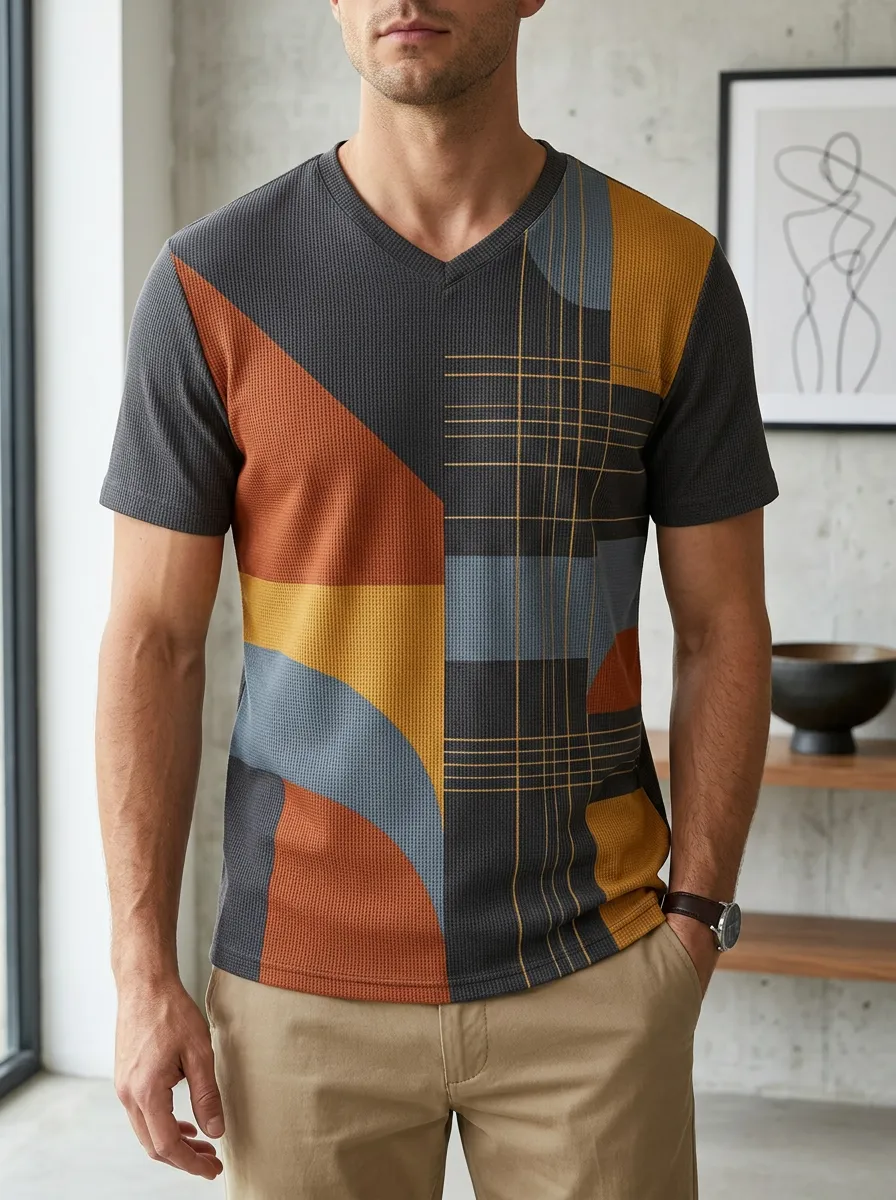 Men's Dynamic Geometric Plaid Pattern V-Neck T-Shirt