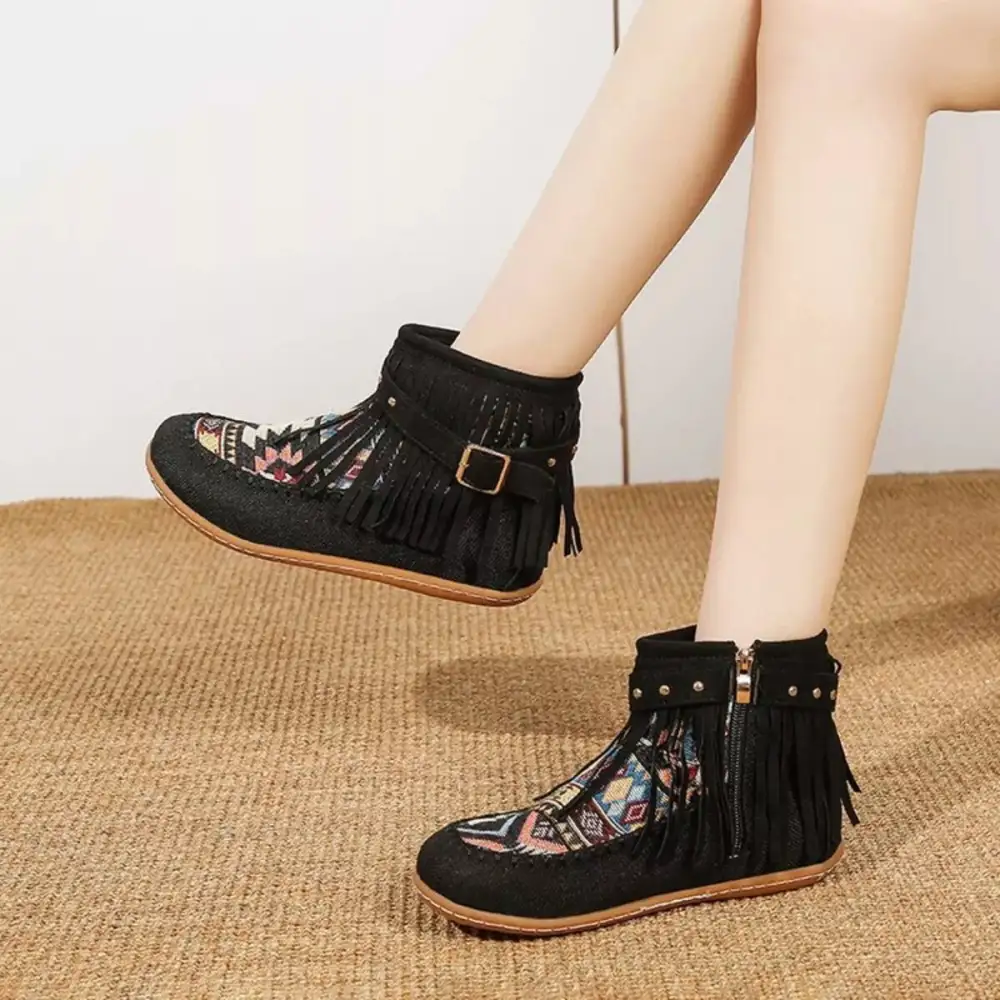 Fringe Side Zipper Ankle Boots