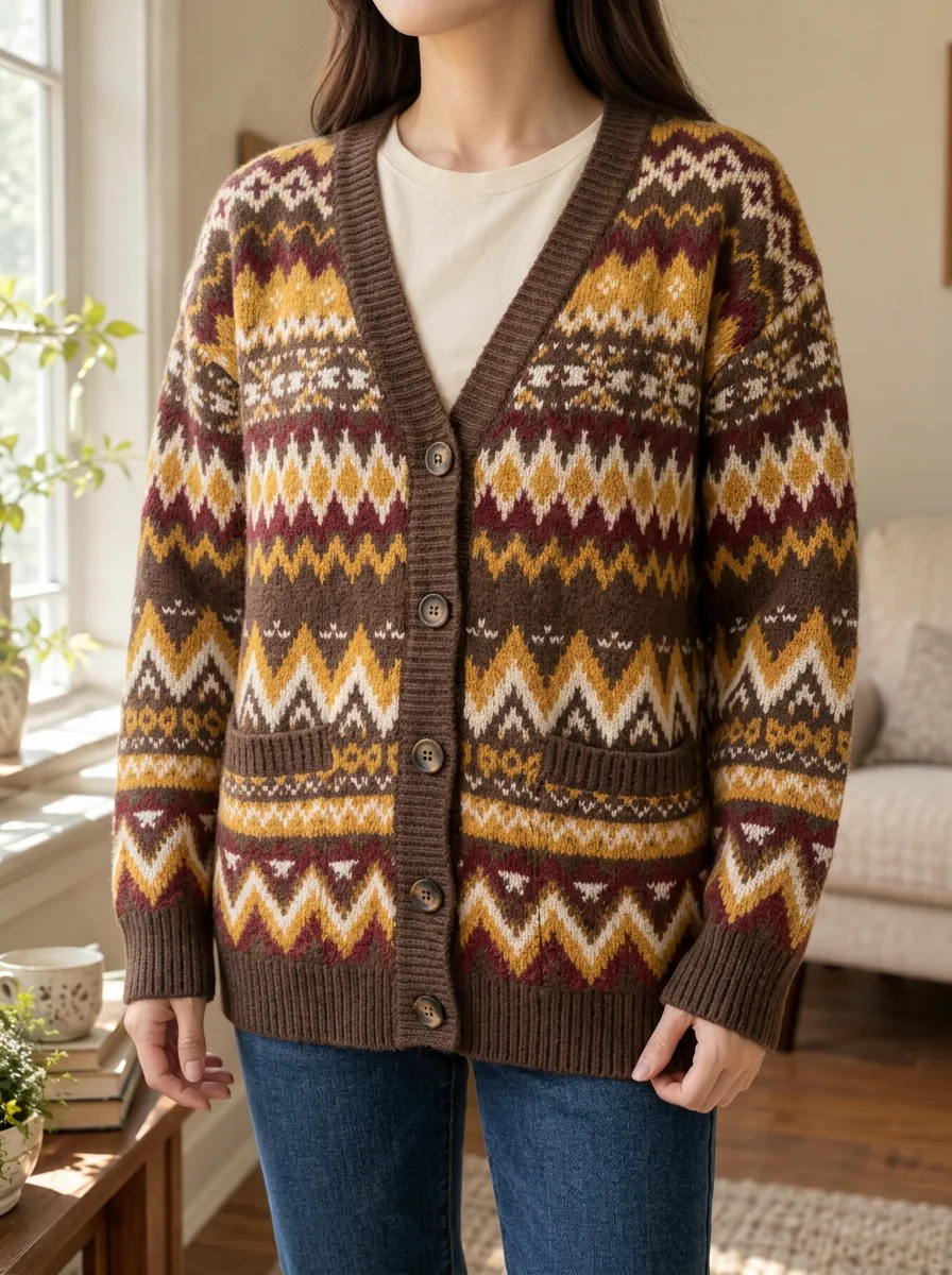 Women's Vintage Style Fair Isle Geometric Pattern Printed Cardigan