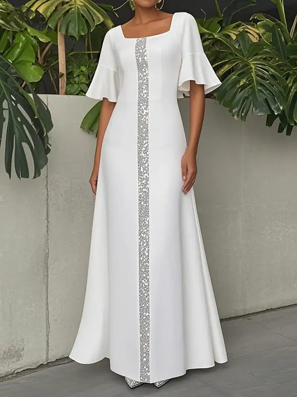 Flared Sleeves Neck Maxi Dress