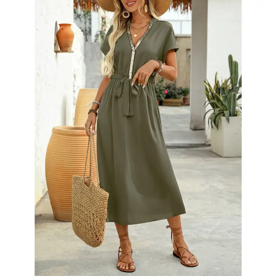Sequin Notched Short Sleeve Midi Dress