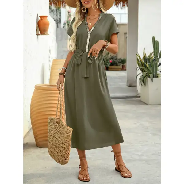 Sequin Notched Short Sleeve Midi Dress