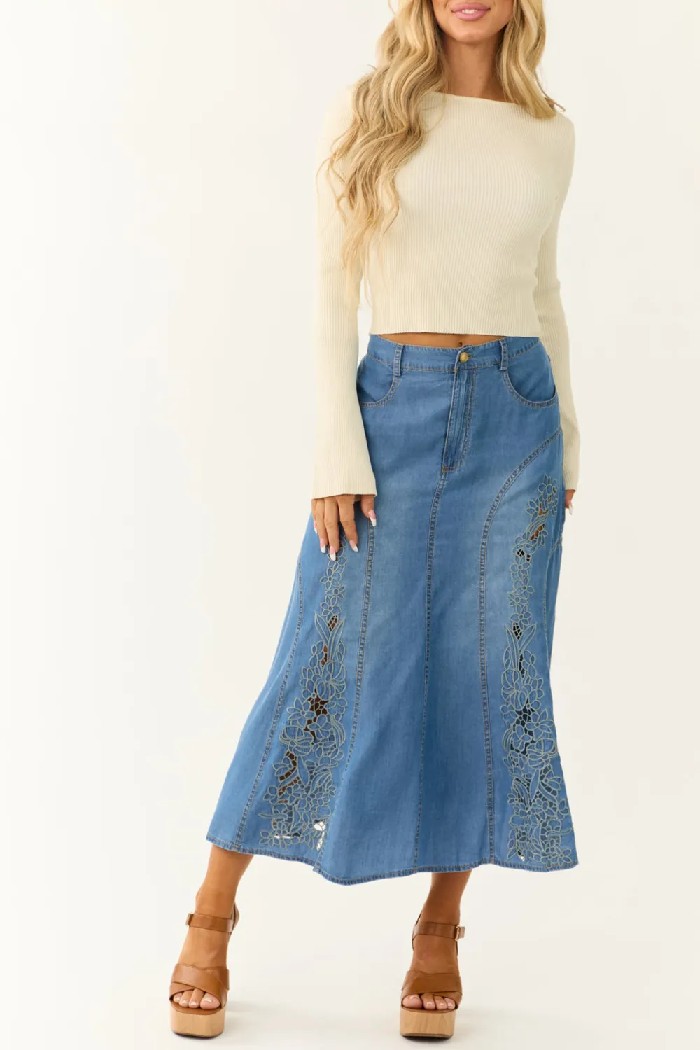 Medium Wash Denim Floral Embroidered Maxi Skirt
