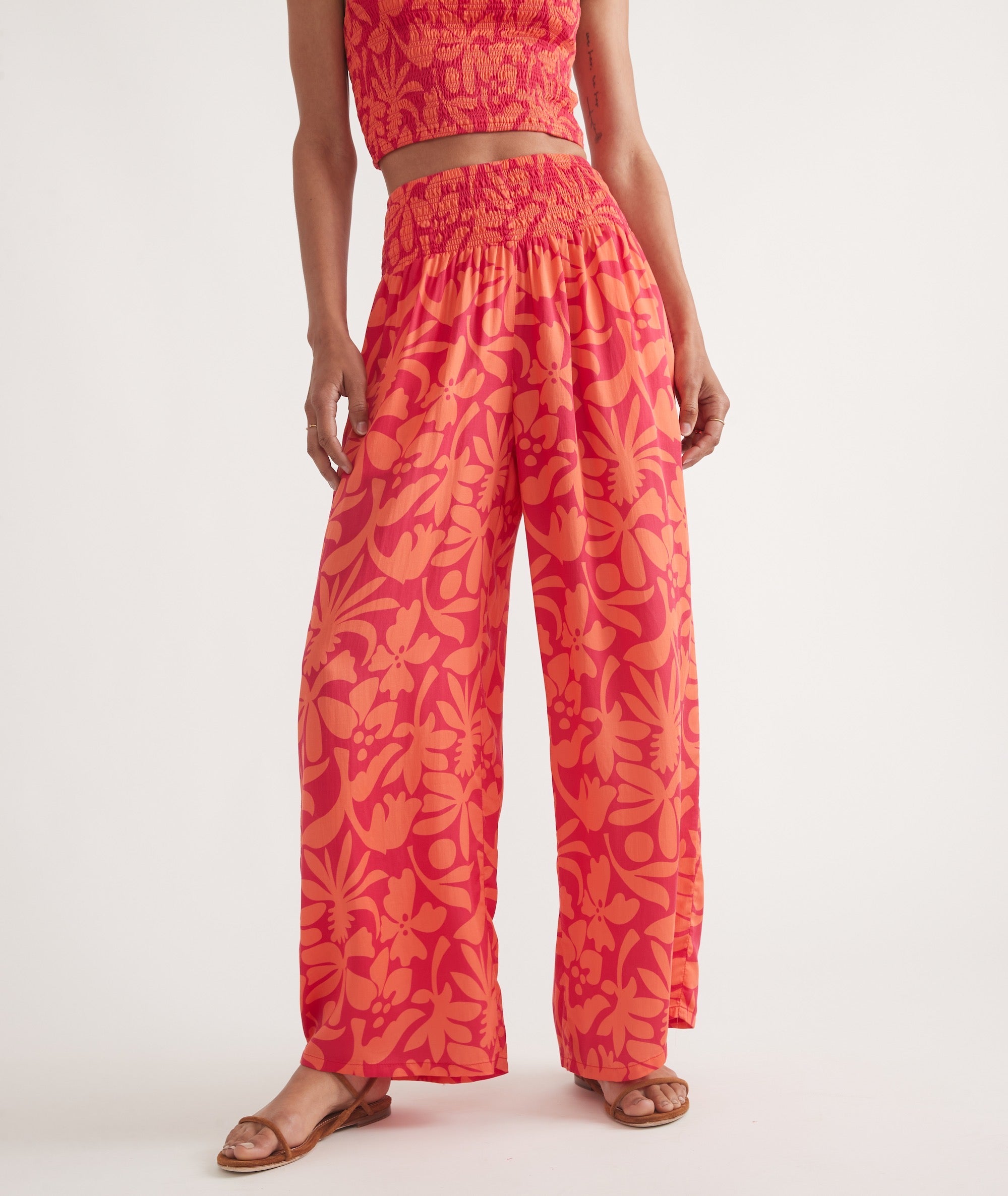 Coral Floral Print Palazzo Trousers