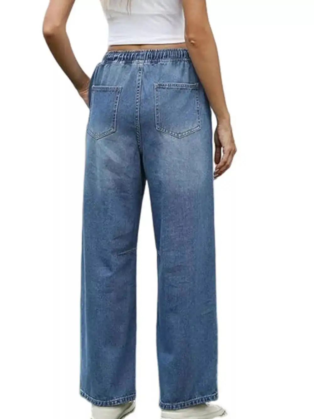 Sharp Wide Leg Elastic Waist Denim Jeans