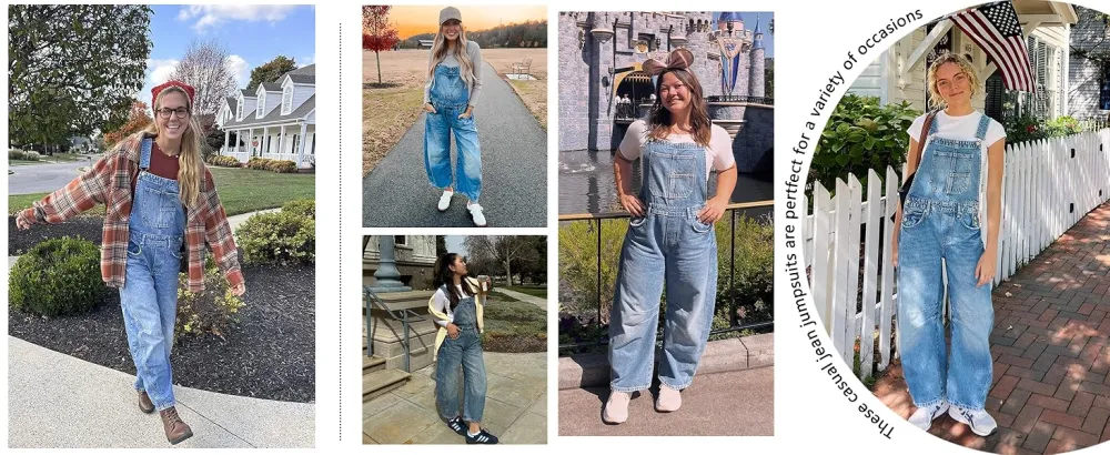 Women's Denim-Effect Print Plicated Wide Leg Overalls Jumpsuit, Minimalist Chic Fashion Casual Pocket Square Neck Overalls Jumpsuit for Daily Outdoor Wear, Ladies Clothes for All Seasons