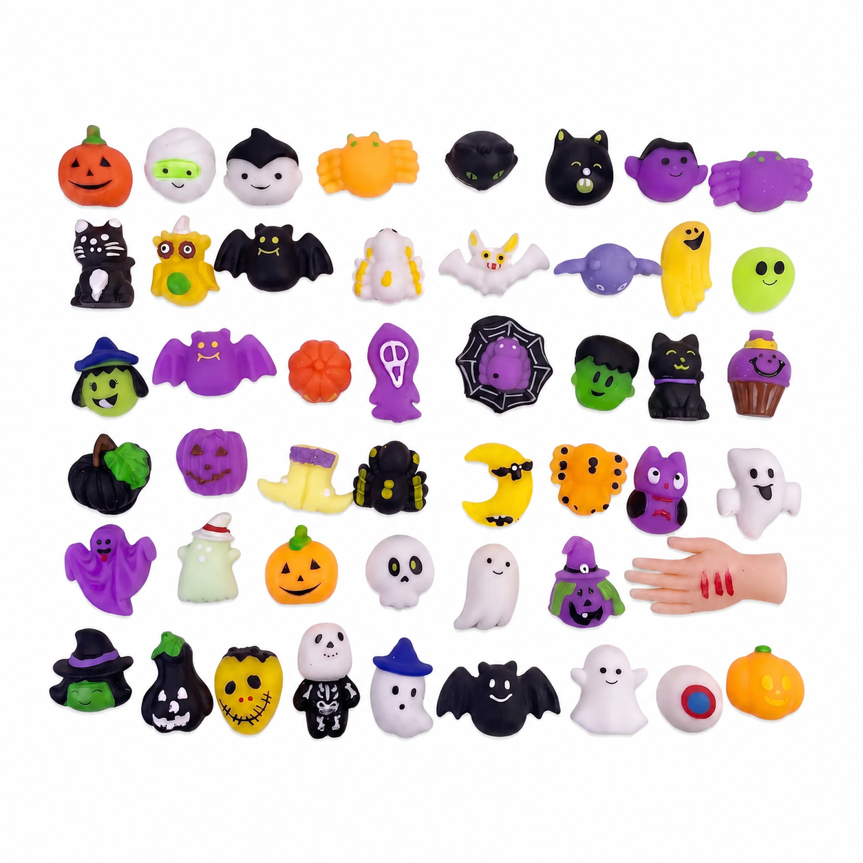 Example variety of Halloween mini squishy shapes available in random 30, 60 or 100 piece sets