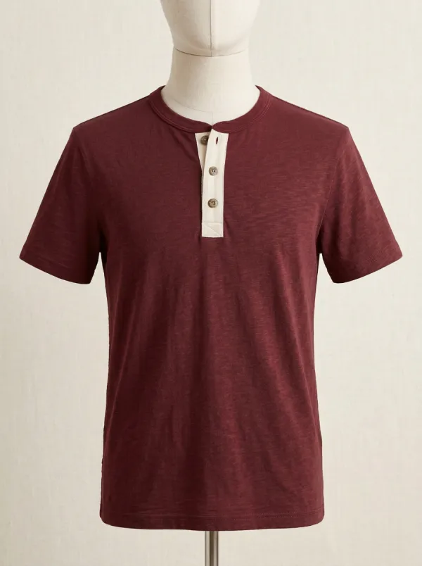 Button-Placket Contrast-Button Ribbed Men's Short-Sleeve Henley Shirt