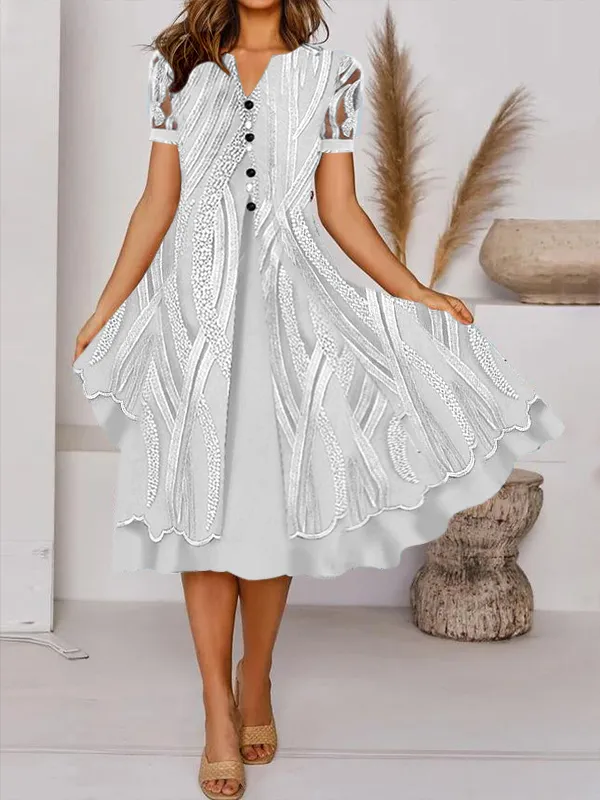 Casual Retro Print V Neck Button Short Sleeves Midi Dress