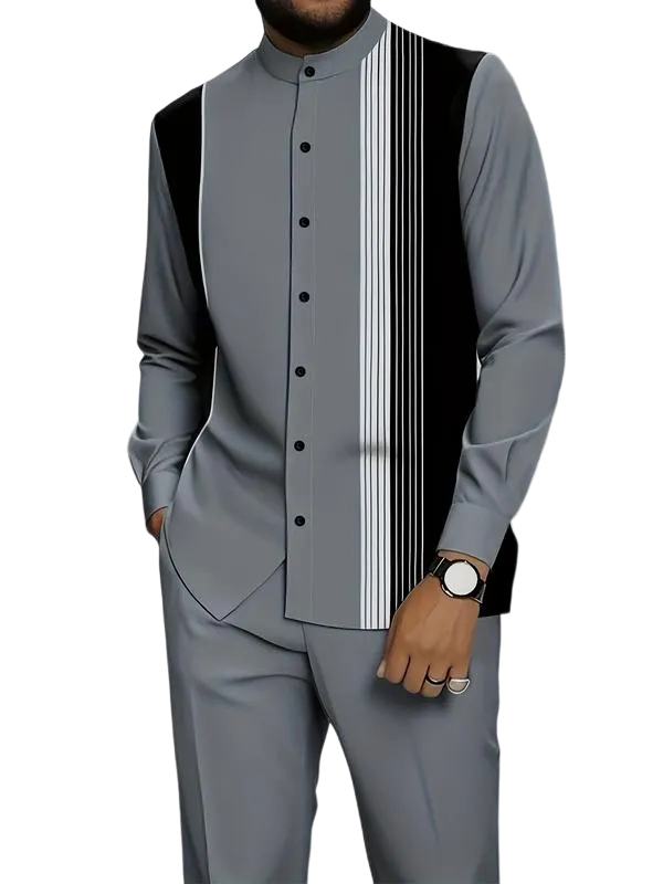 Men's black and white striped button-down shirt with drawstring waist casual pants