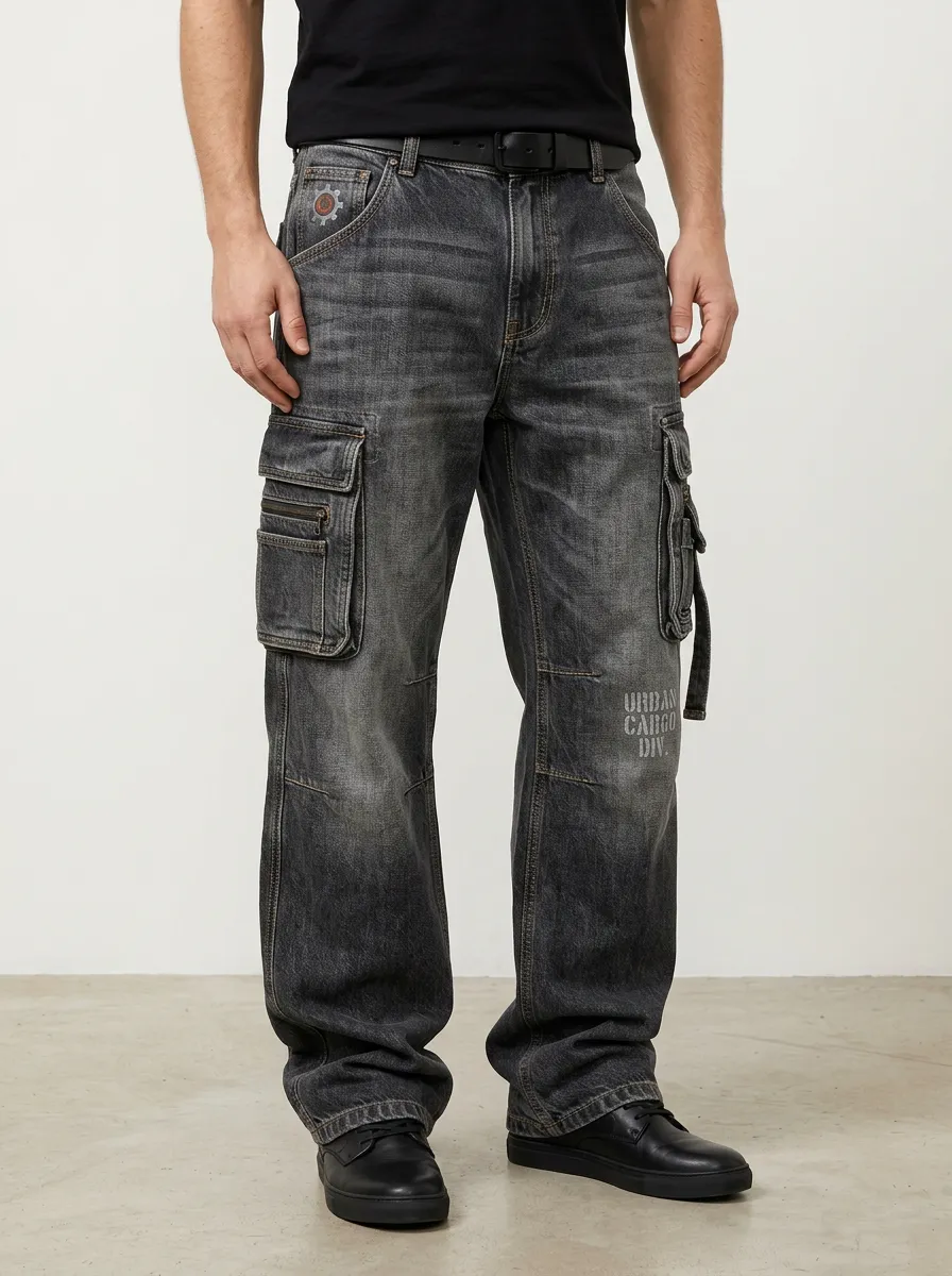 Men's Washed Black Patchwork Multi-Pocket Straight-Leg Denim Cargo Pants