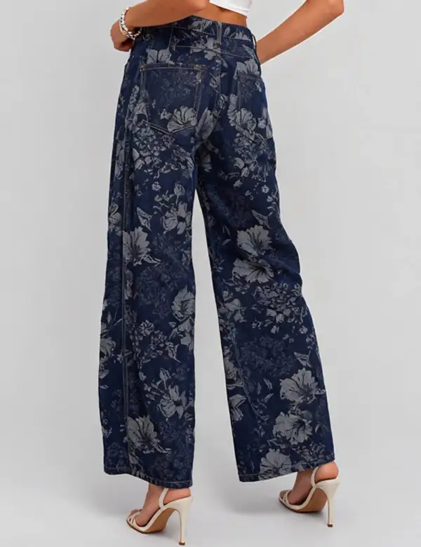 Vintage Denim Pants Floral Print Barrel Pants