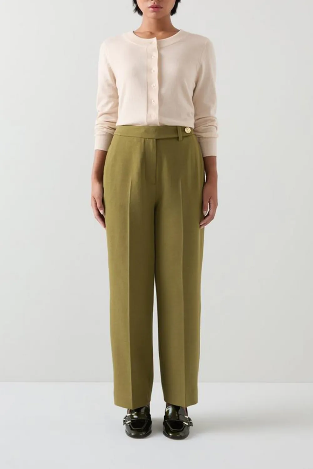 Olive Green High Waist Straight Leg Trousers