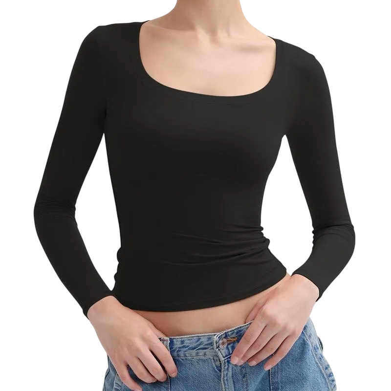Women‘s Scoop Neck Long Sleeve Top Double Layer Slimfit Fall Outfits