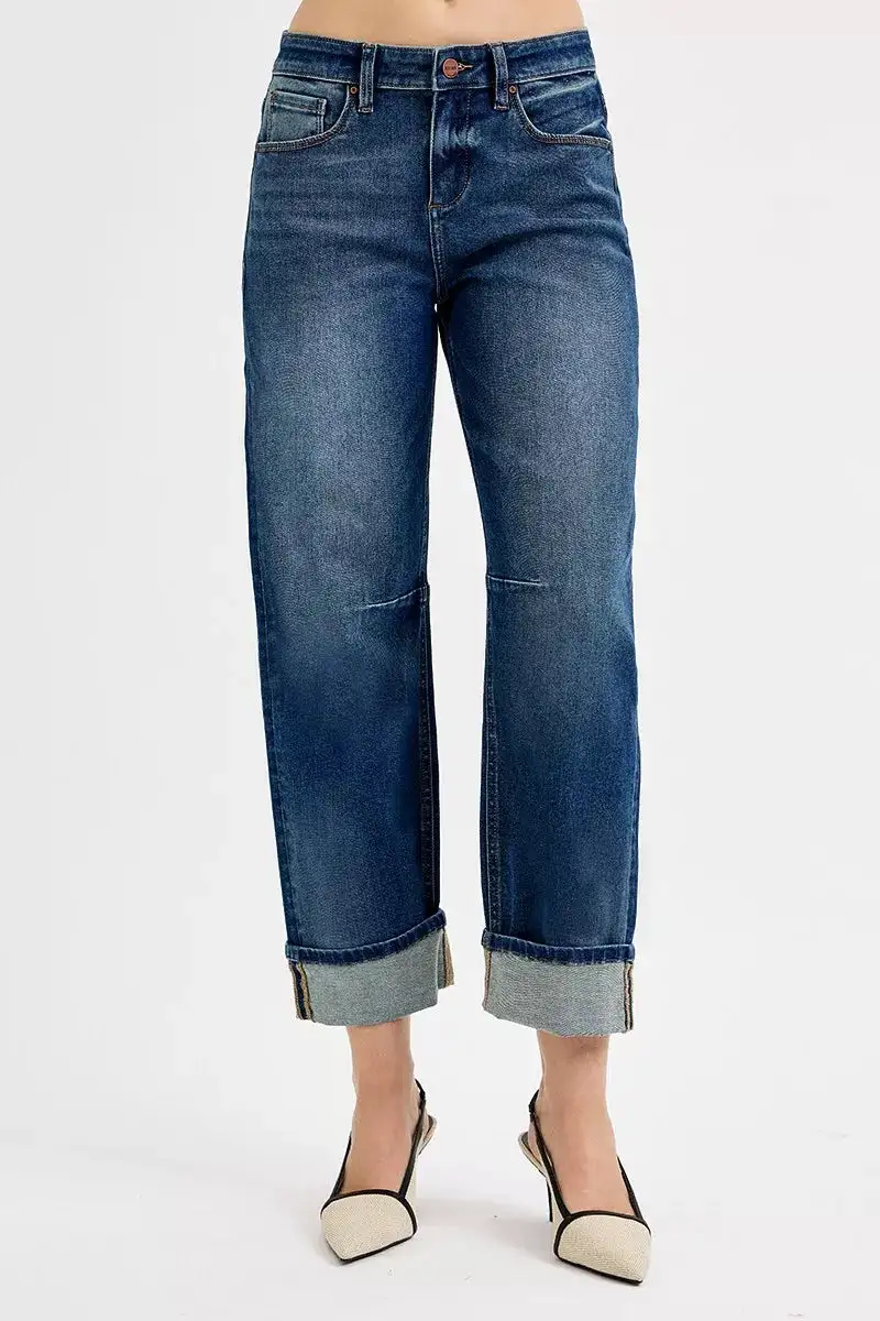 Textured Barrel Leg Cuffed Denim Jeans