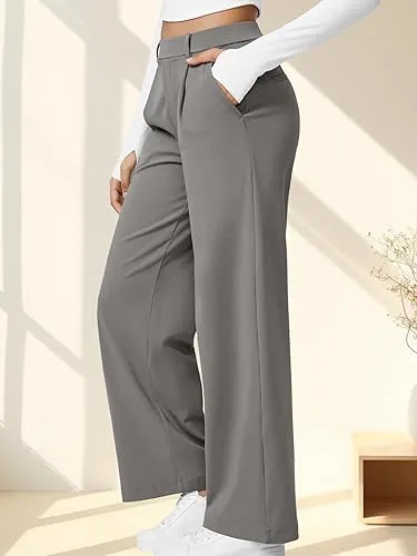 Women‘s Flex High Waisted Plicated Side Pocket Straight Leg Work Pants