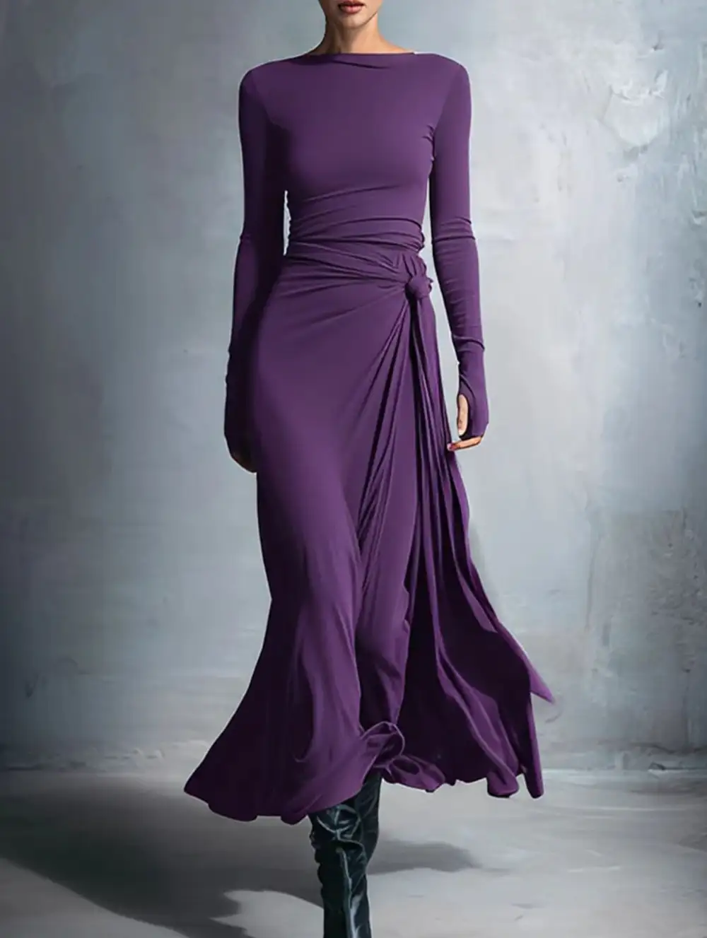 Solid Wrap Style Knot Long Sleeve Dress