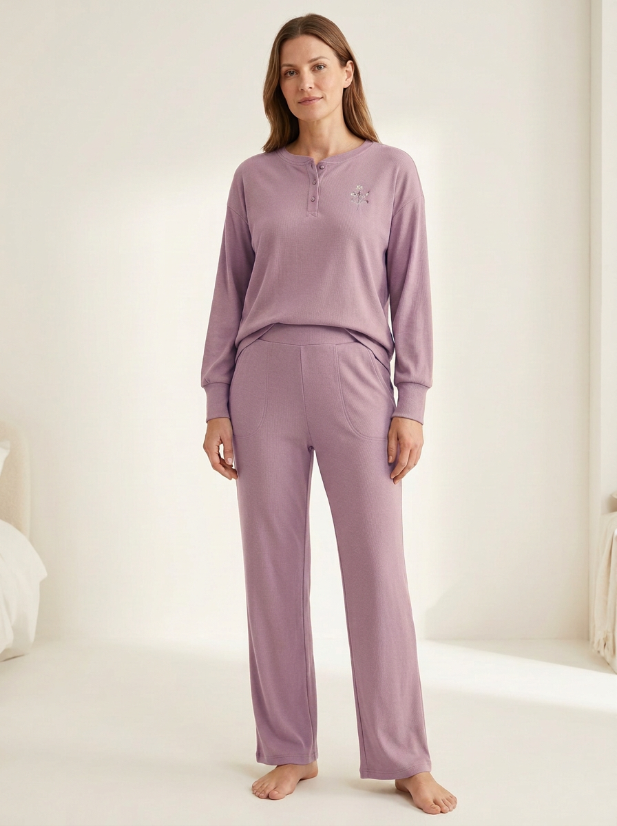 Women's Floral-Embroidered Ribbed Henley Wide-Leg Lounge Set