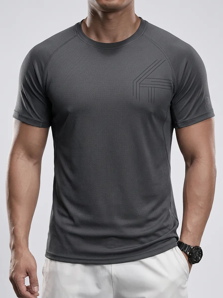 Men's Geometric-Emblem Fitness Textured Raglan Sport Crewneck T-Shirt